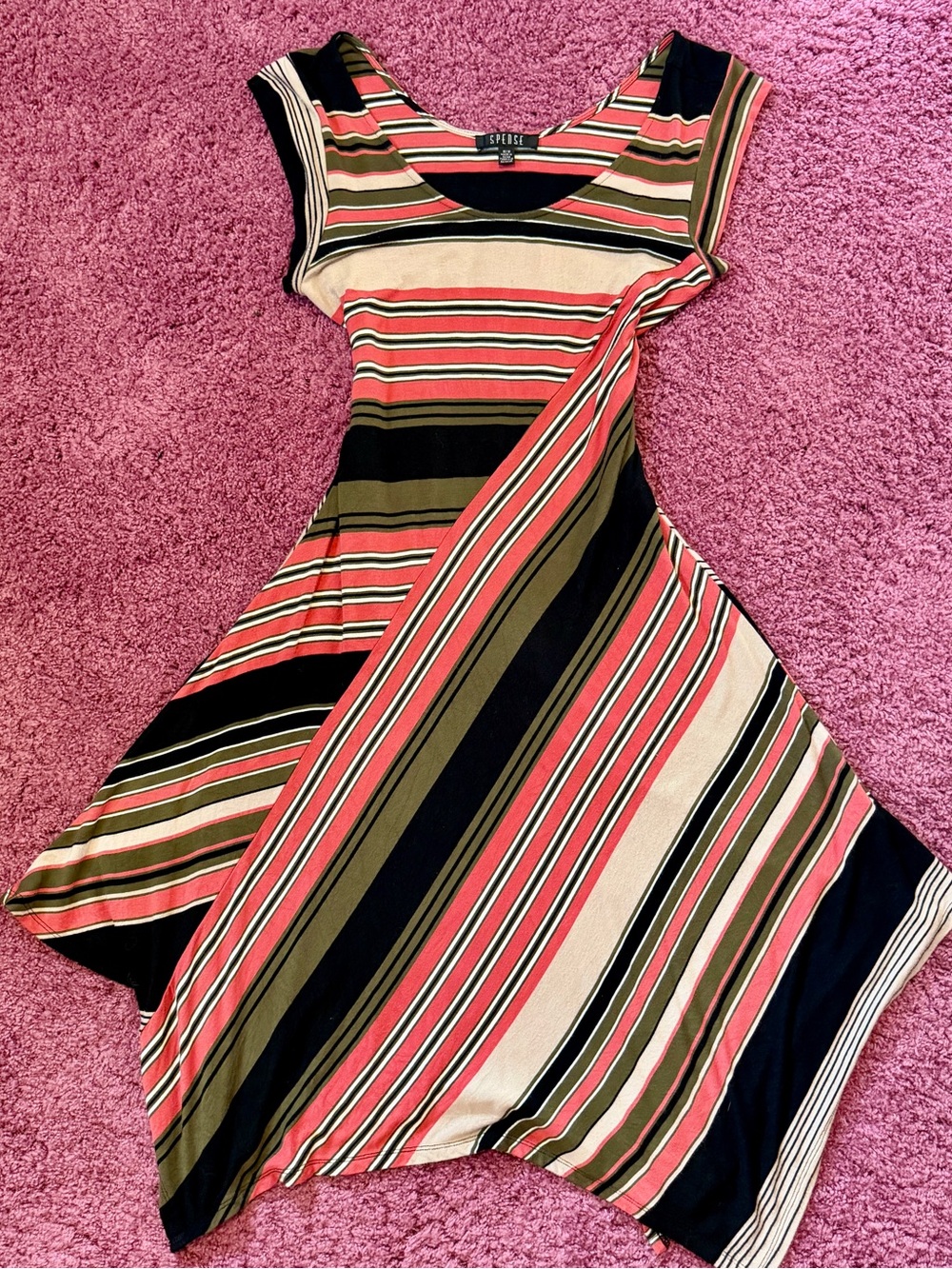 Spense Stripe Fit & Flare Short Sleeve Dress in Coral, Olive & Black - M